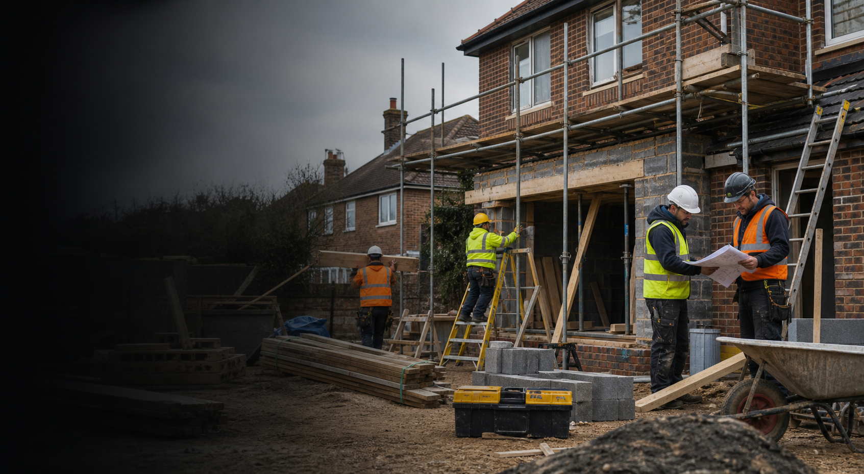 UK builders working on a scaffolded home renovation site