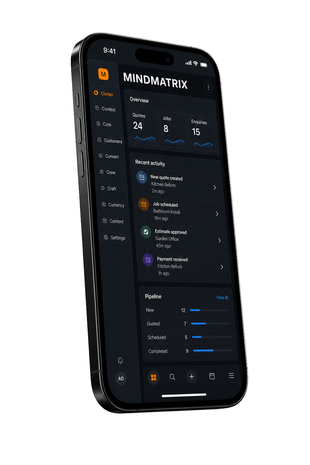 Modern iPhone showing the Mind Matrix dashboard and side menu